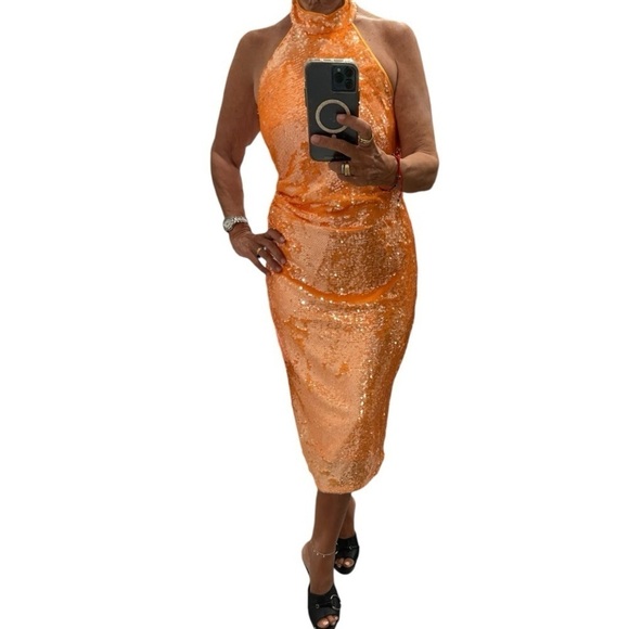 Caroline Constas Orange Sequins Halter Midi Dress.Size S - Picture 2 of 14